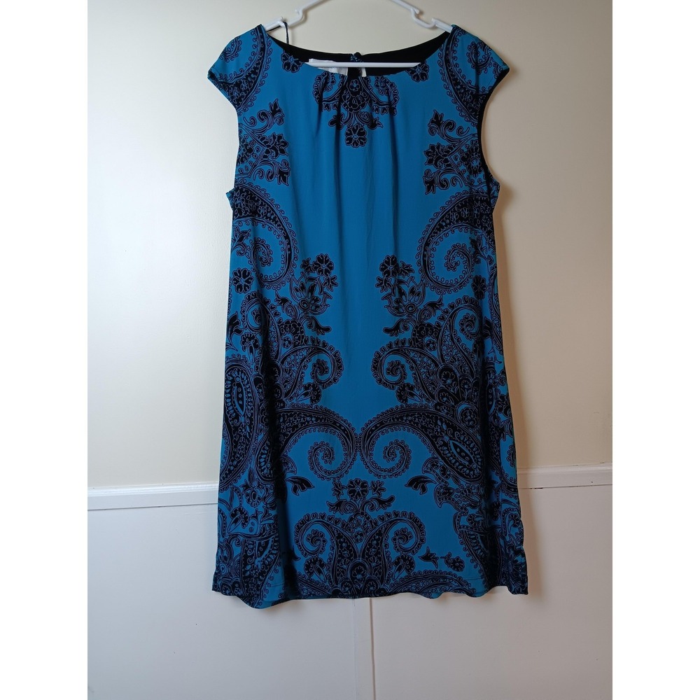 Studio M London Times Dress Womens 16 Blue A-Line Paisley Midi‎ Lined Round Neck